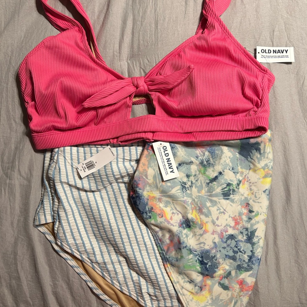 Old Navy Pink Ribbed Bikini Top with Mixed Pattern Bottoms